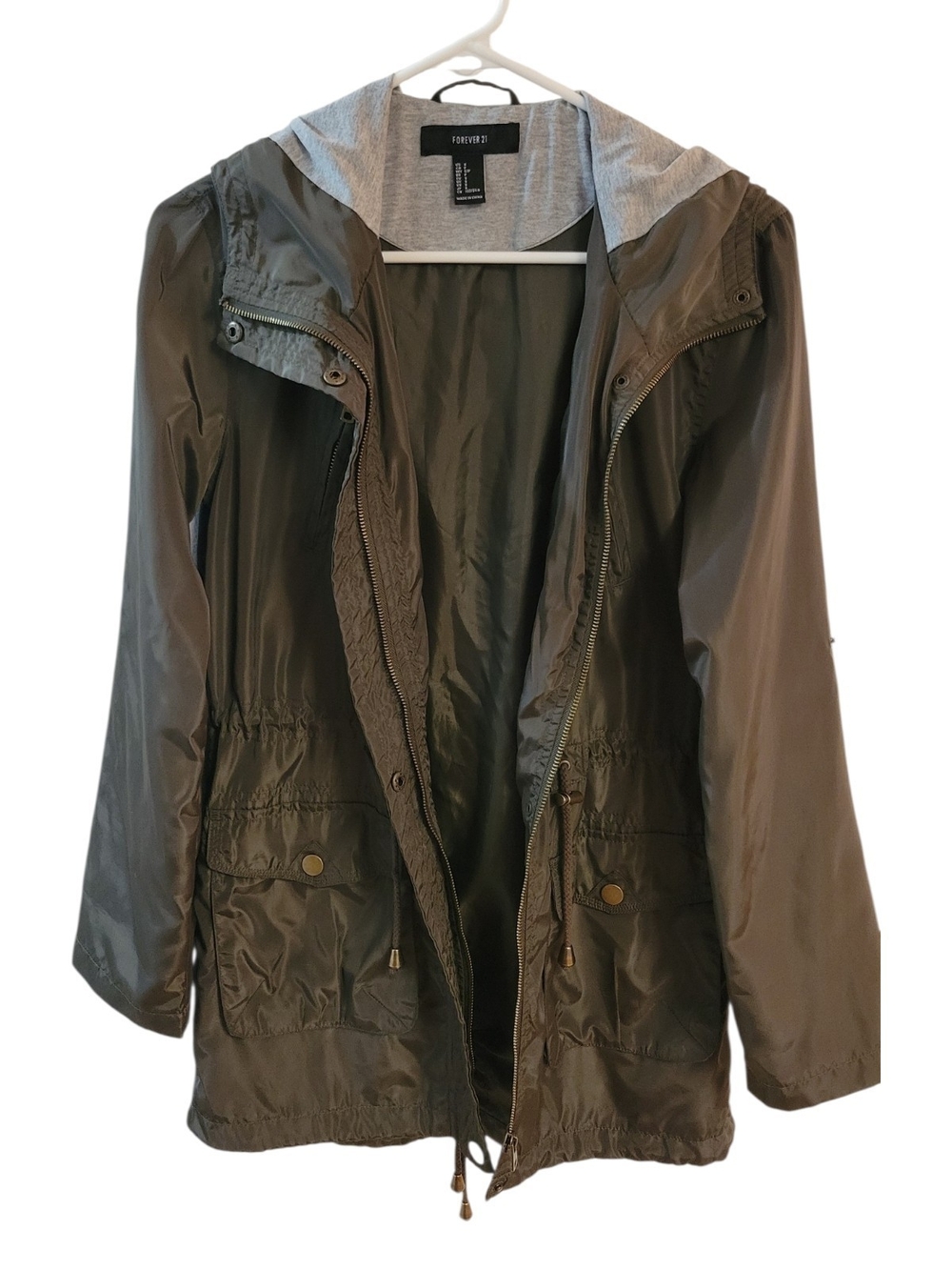 Forever 21 Olive Green Hooded Anorak Jacket Fall Lightweight Utility
